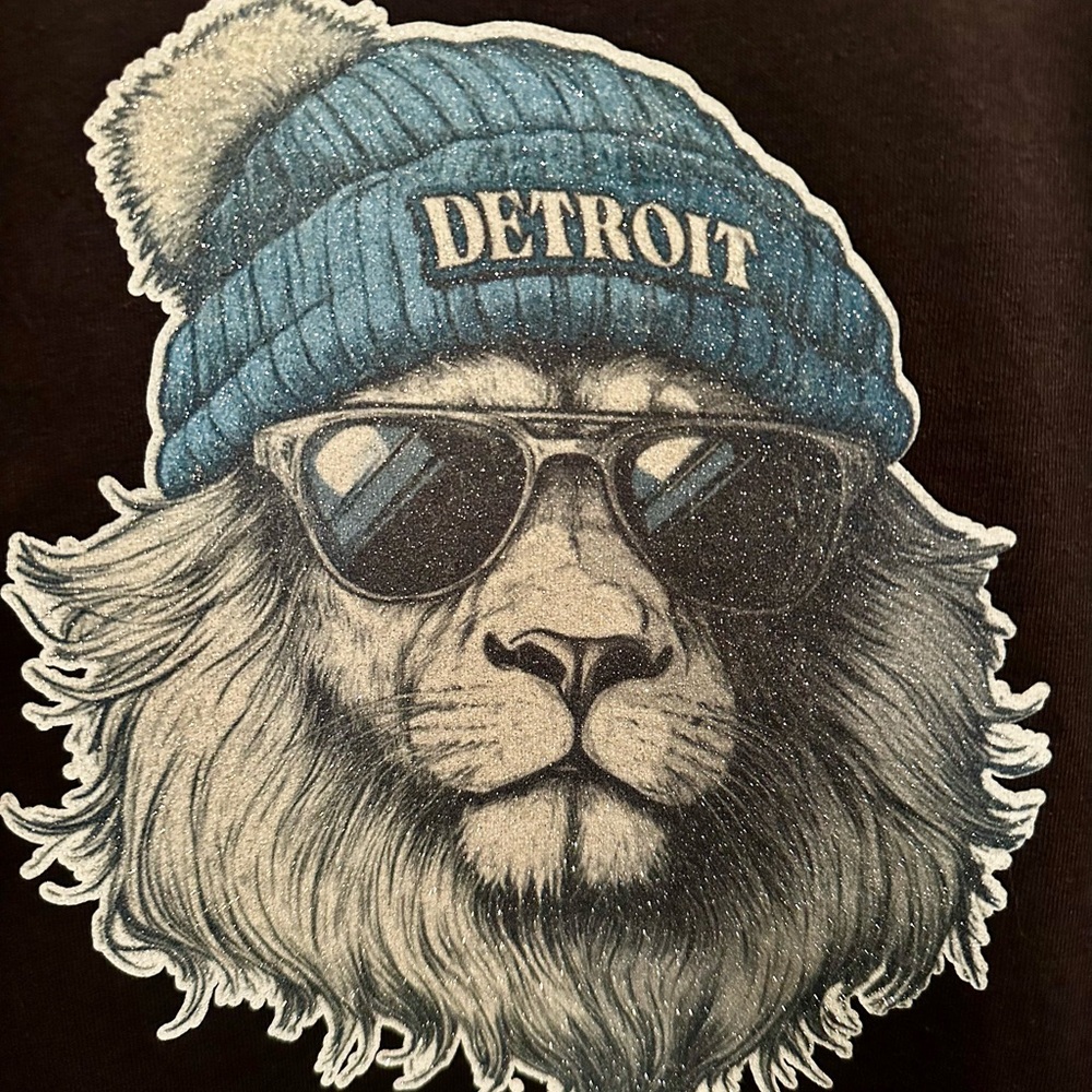 2XL Women’s Glitter Detroit Lions Black Hoodie Lion with Sunglasses & Beanie - Picture 2 of 2